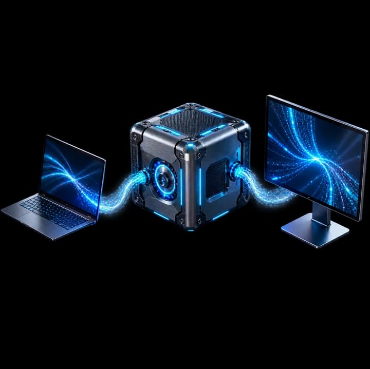 A glowing core module splitting into two beams that feed a laptop and a desktop monitor