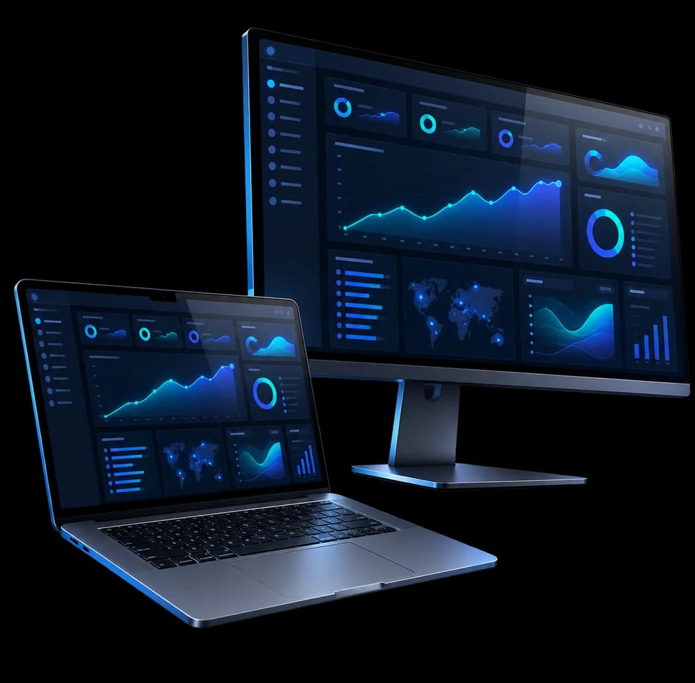 A laptop and a widescreen desktop monitor angled together, both running the same dark application interface