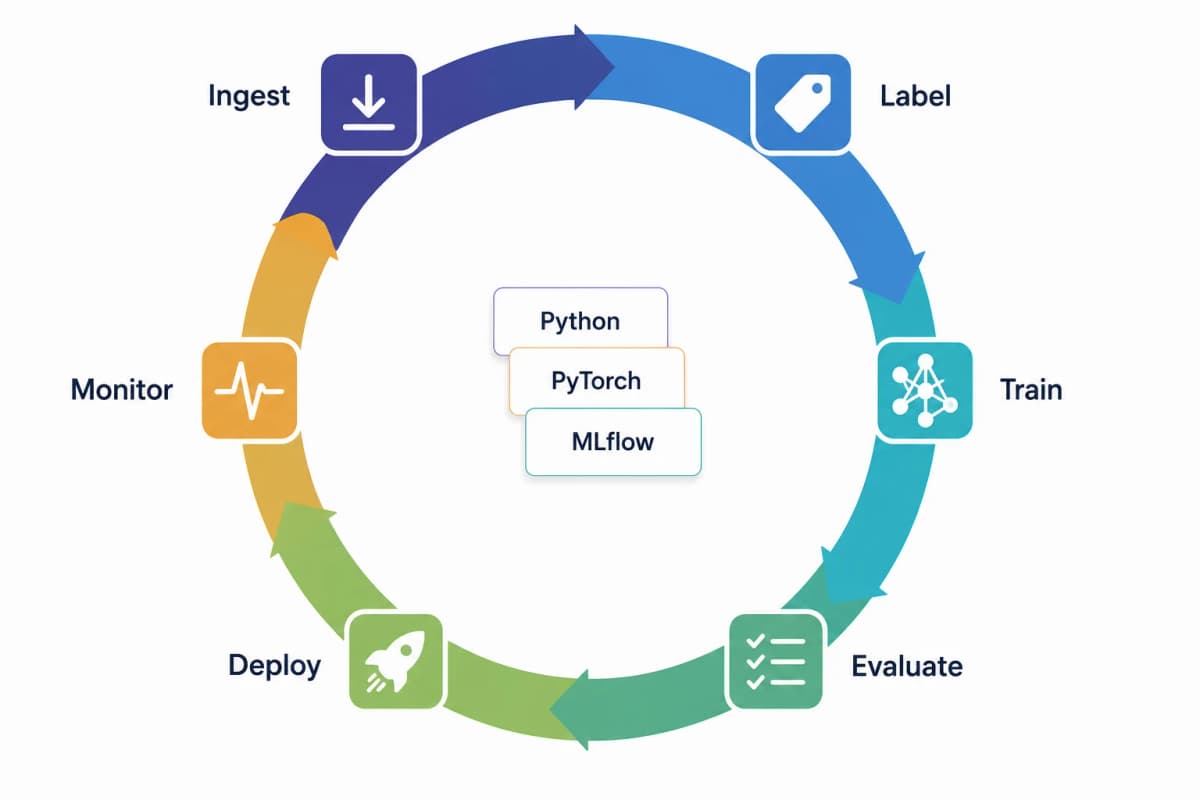 Closed MLOps lifecycle ring: ingest, label, train, evaluate, deploy, monitor, around a Python, PyTorch, and MLflow stack
