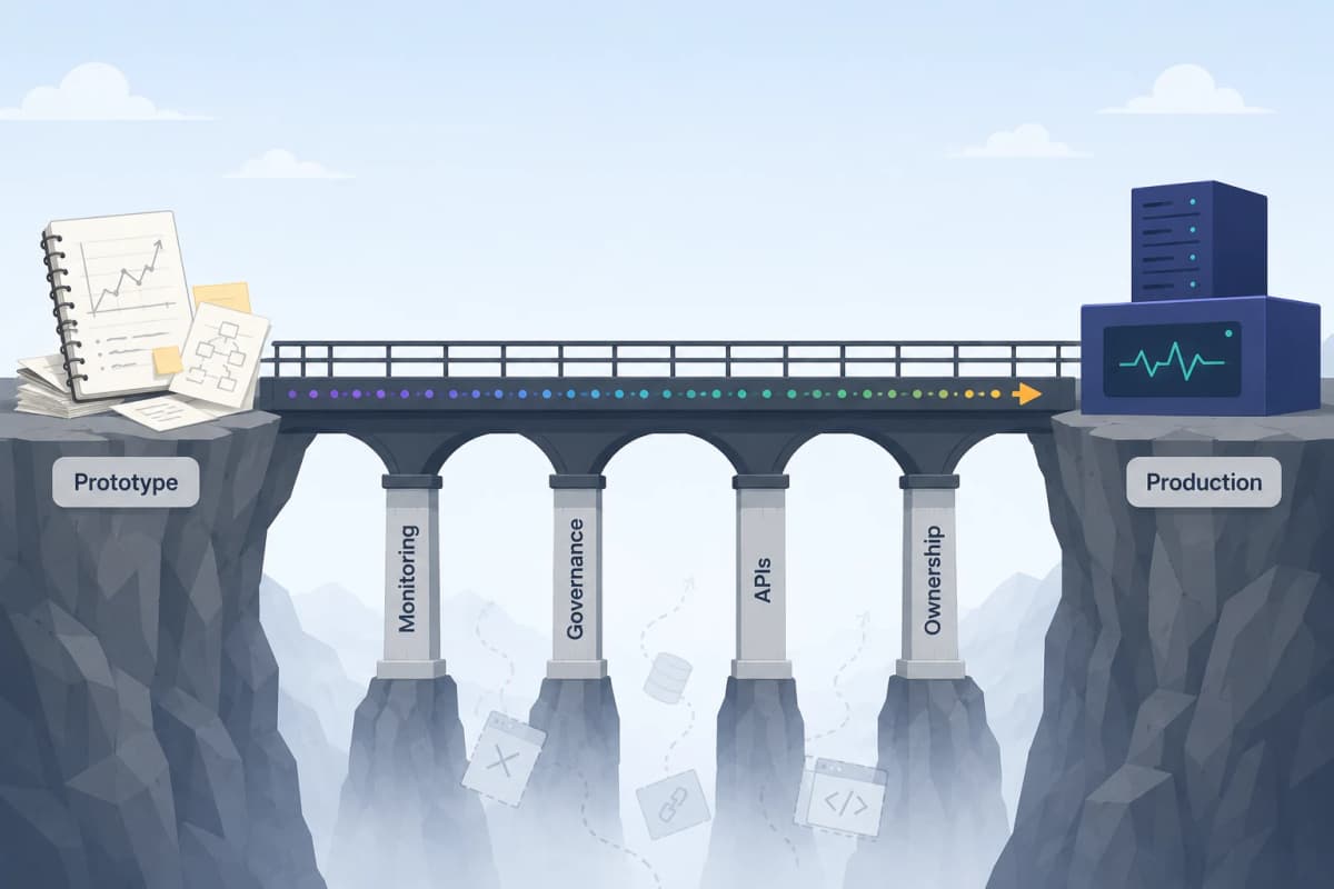 Engineered bridge carrying a prototype across a chasm to production on pillars labelled monitoring, governance, APIs, and ownership