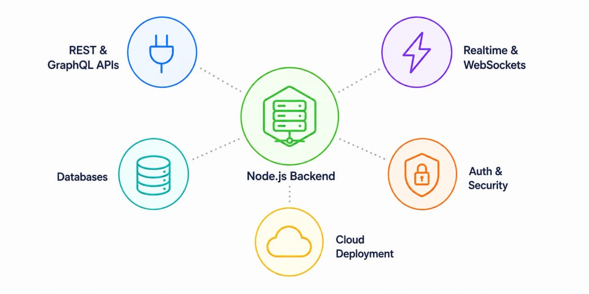 Node.js backend at the centre connected to REST and GraphQL APIs, realtime websockets, databases, auth and security, and cloud deployment
