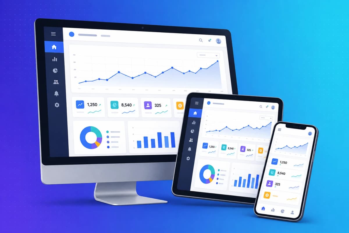 One web product shown responsively across a desktop monitor, tablet, and phone