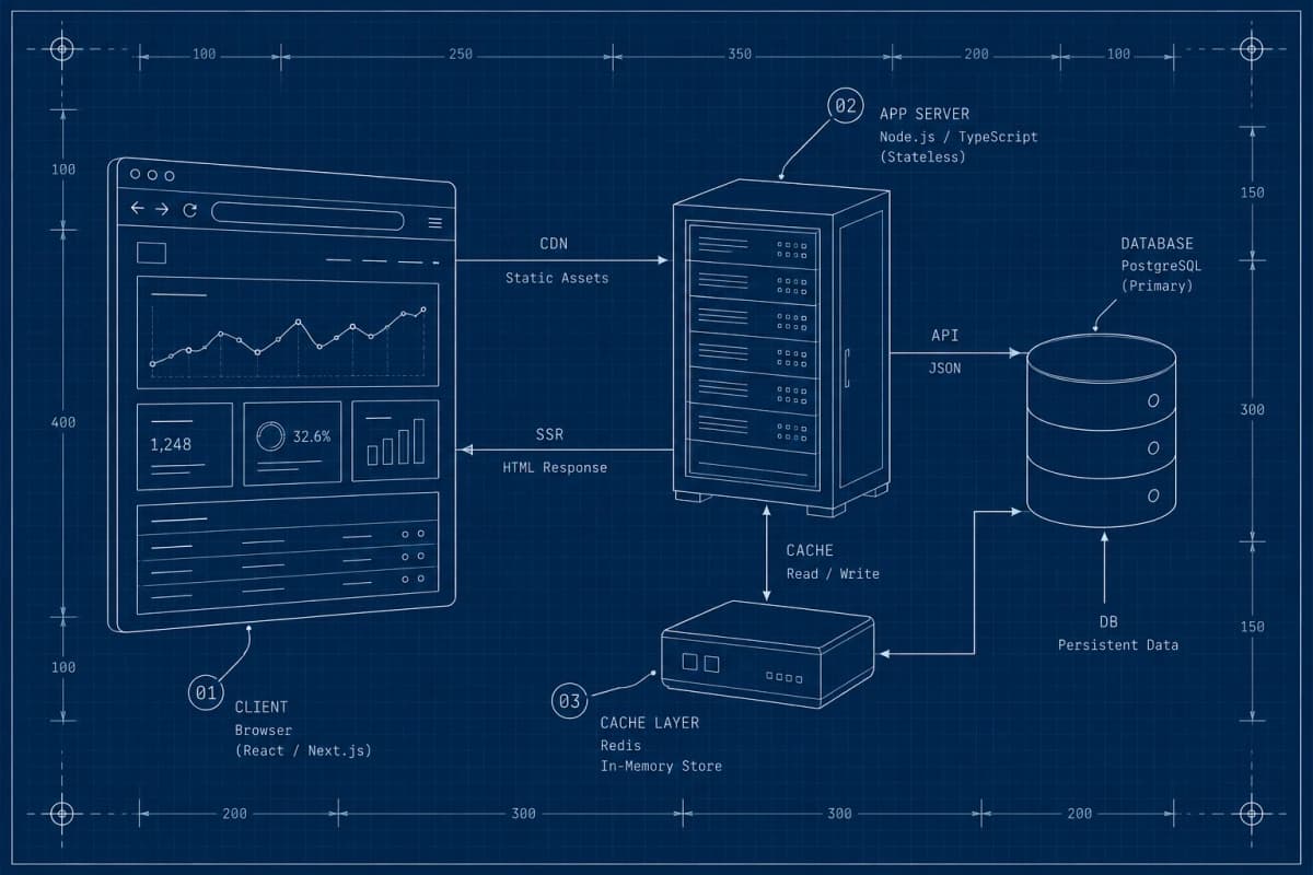 Blueprint schematic of a web application: browser client, Node app server, Redis cache, and PostgreSQL database