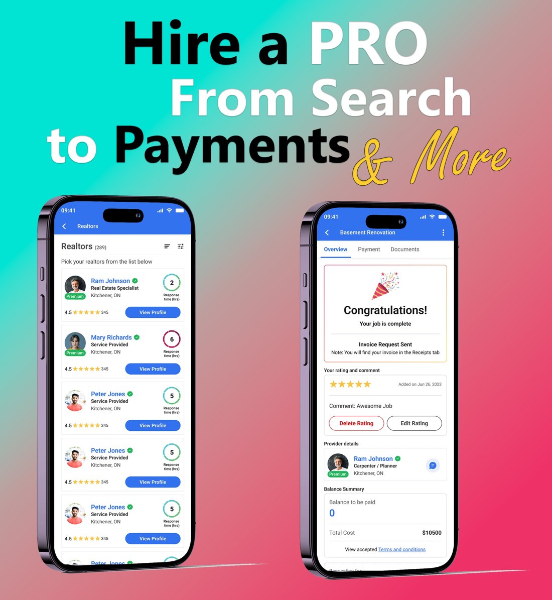 Ohmer marketplace for hiring realtors and service providers with in-app payments