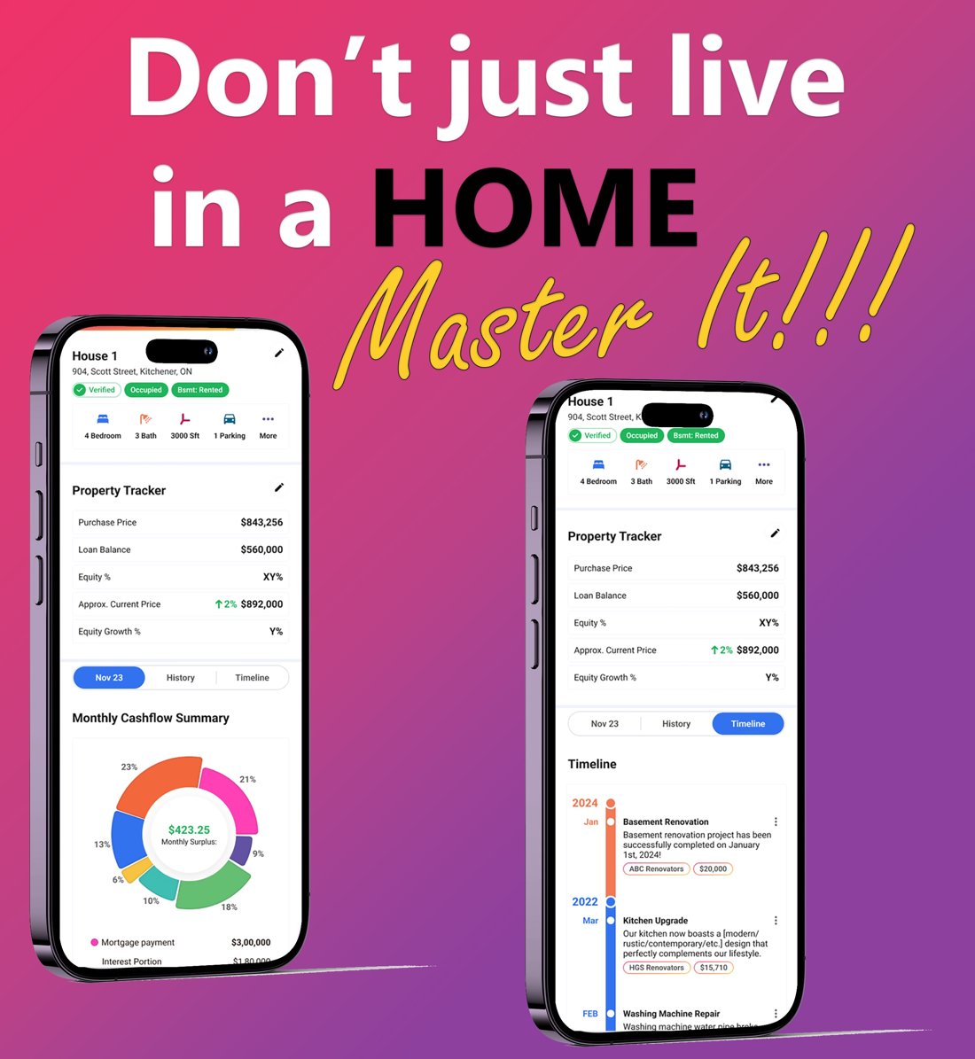 Ohmer property tracker showing equity, cash flow and a renovation timeline